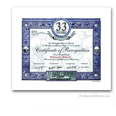 33 Years Anniversary / Jubilee Masonic Certificate of Recognition.