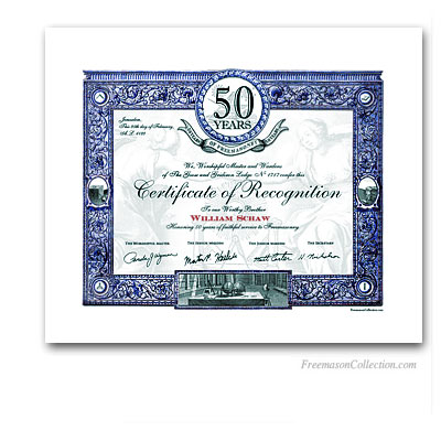 50 Years Anniversary / Jubilee Masonic Certificate of Recognition.