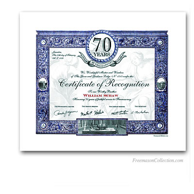 70 Years Anniversary / Jubilee Masonic Certificate of Recognition.