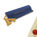 Warrant Leather Cover. Blue Lodge. Included: personalization with the name of your Lodge. Protect and enhance your Warrant. Genuine Leather. Tassels. Magnetized invisible fastening. Freemason