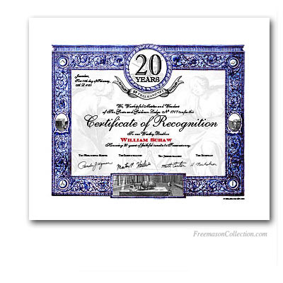 20 Years Anniversary / Jubilee Masonic Certificate of Recognition.