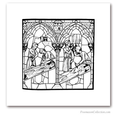  StoneCutters (2). Notre-Dame de Chartres, XIIIth Century. Engraving according to Saint-Chéron 's stained glass window. Masonic Art